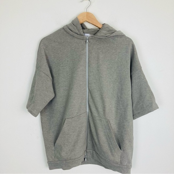 Brunello Cucinelli gray hooded cotton and silk zip front short sleeve hoodie.XS - Picture 2 of 6